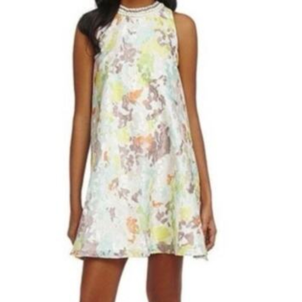NWT Belle Badgley Mischka Shift Midi Dress, Colorful, Beaded Crochet Neckline 12